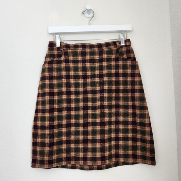 Vintage Tribal Brown Plaid Wool Blend A-Line High Waisted Skirt Dark Academia M - Picture 1 of 8